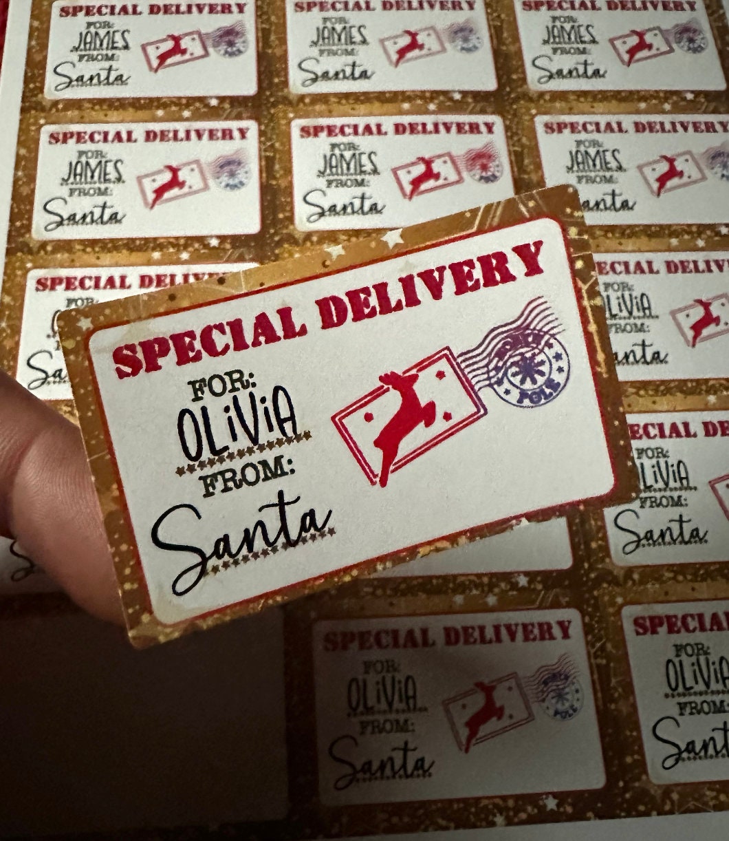 Gold and red Special Delivery reindeer gift tag