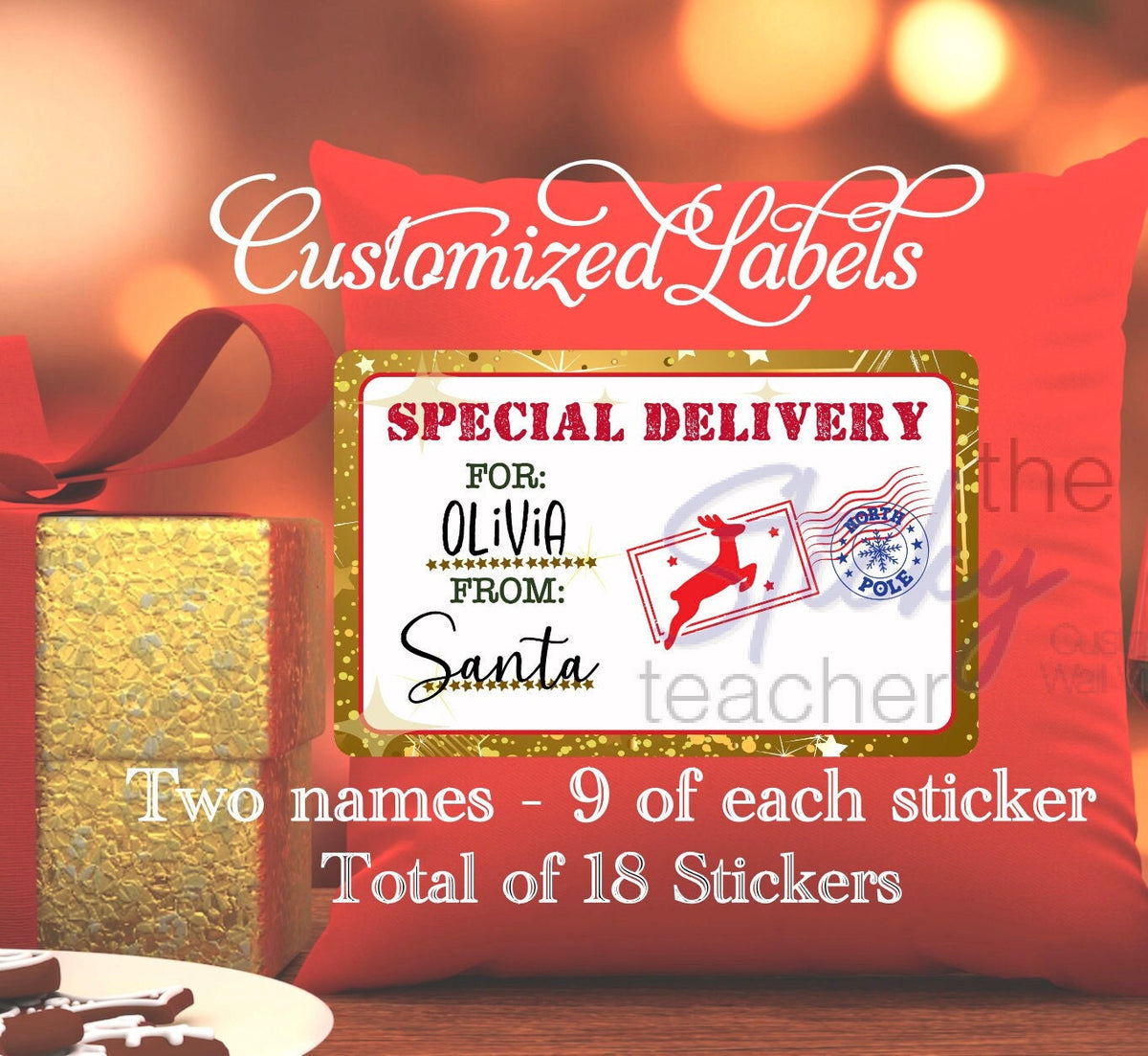 Gold Special Delivery reindeer gift label, two names 9 of each, 18 stickers