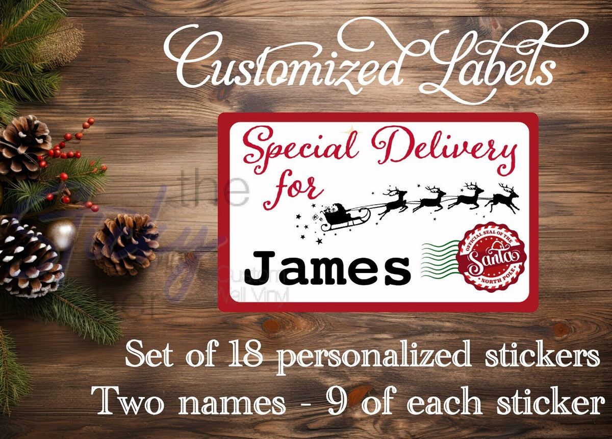 Set of 18 Santa sleigh gift tags, two names 9 of each