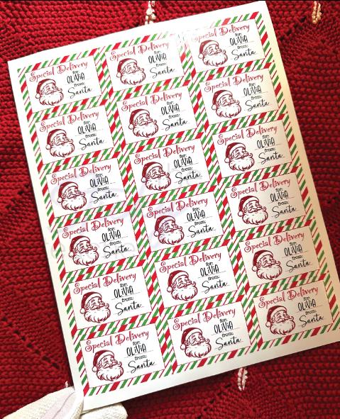 Sheet of personalized Santa Face gift labels
