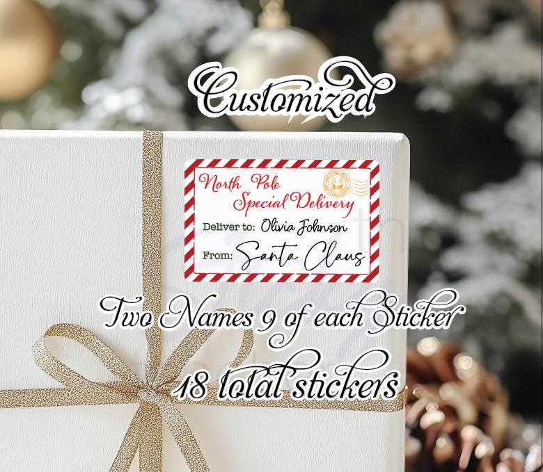 North Pole Special Delivery sticker on a white gift box, two names 9 of each