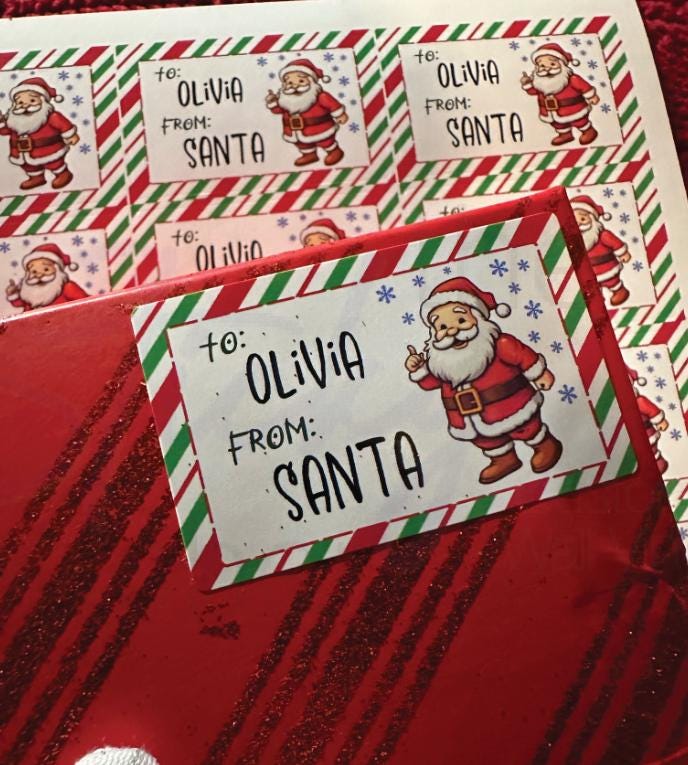 Red and green striped Santa gift tags, to Olivia from Santa