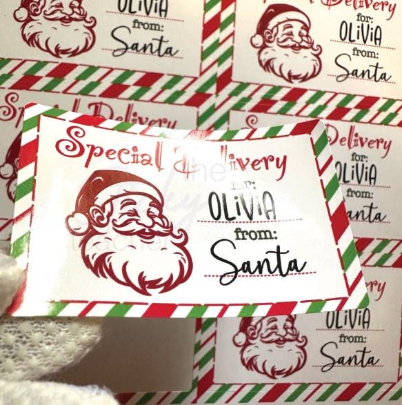 Set of red and green striped Santa Face gift labels