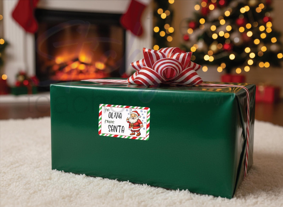 Santa gift labels on wrapped presents