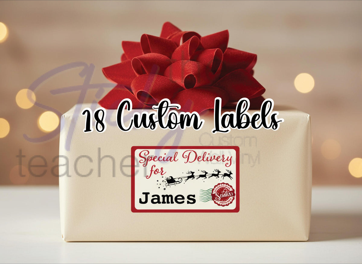 Santa sleigh Special Delivery Christmas gift labels, two names