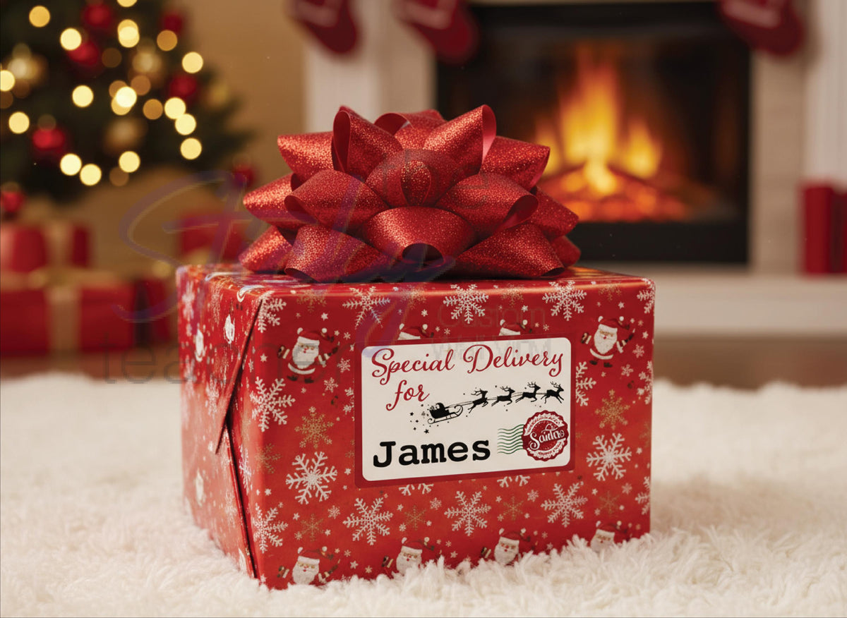 Santa sleigh personalized stickers on gifts