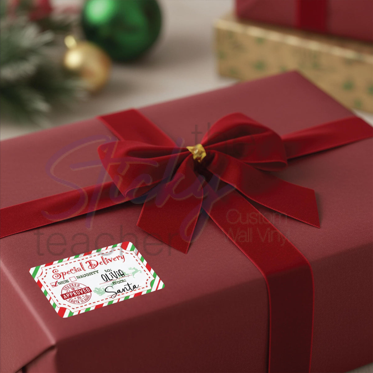 Special Delivery from Santa sticker on a red gift box