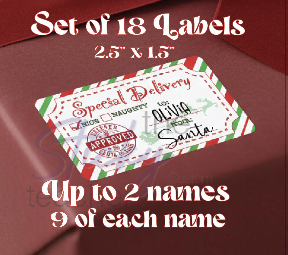 Set of 18 Approved holiday labels personalized with two names