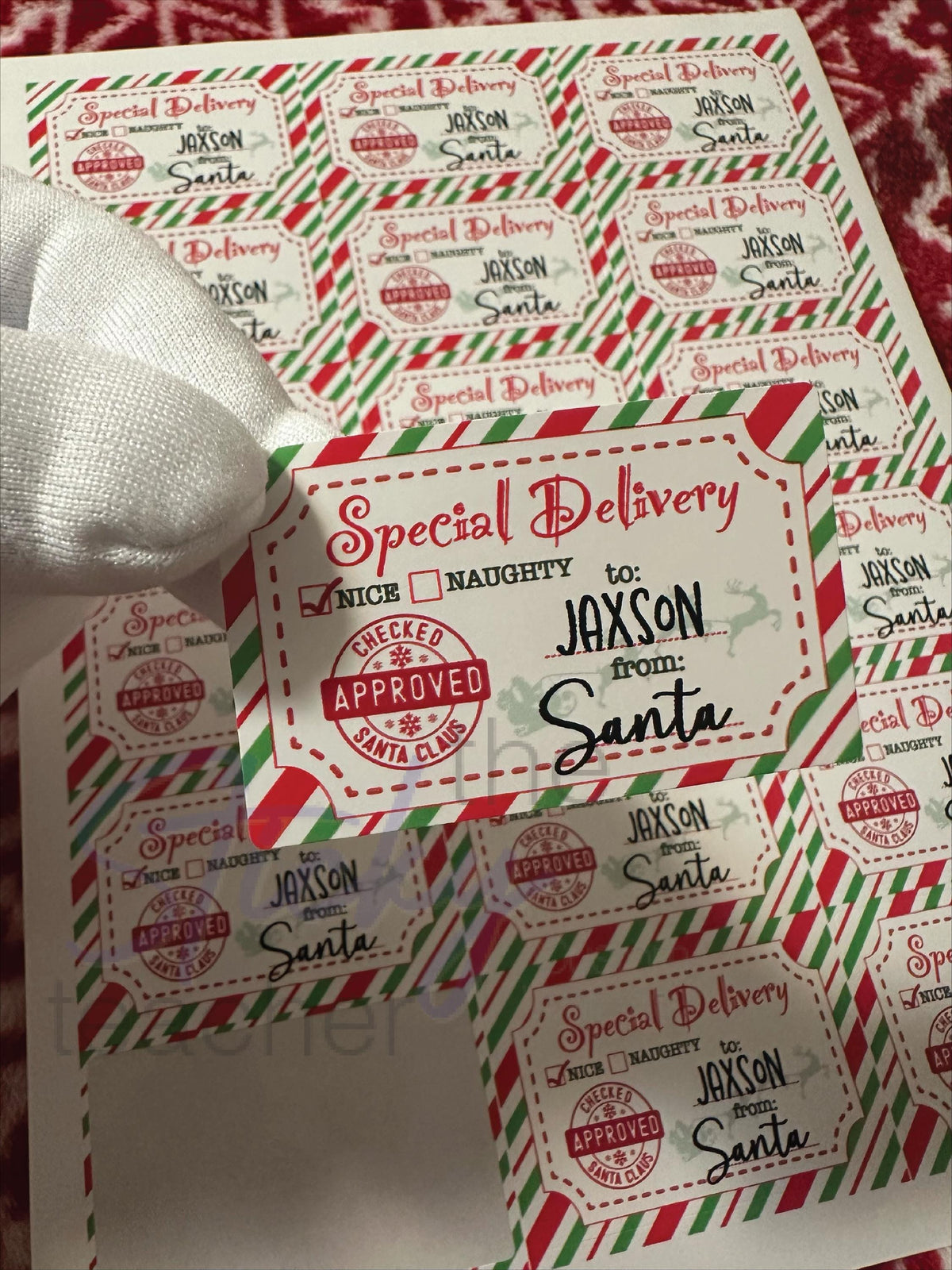 Sheet of Santa gift labels with Checked Approved stamp
