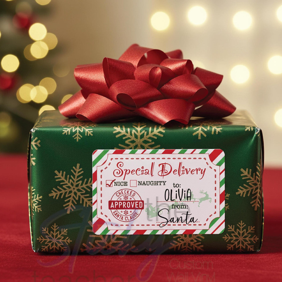 Special Delivery from Santa label on a green gift with red bow