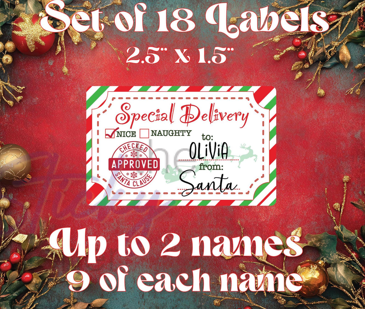 Sheet of 18 Naughty or Nice Special Delivery from Santa labels, two names