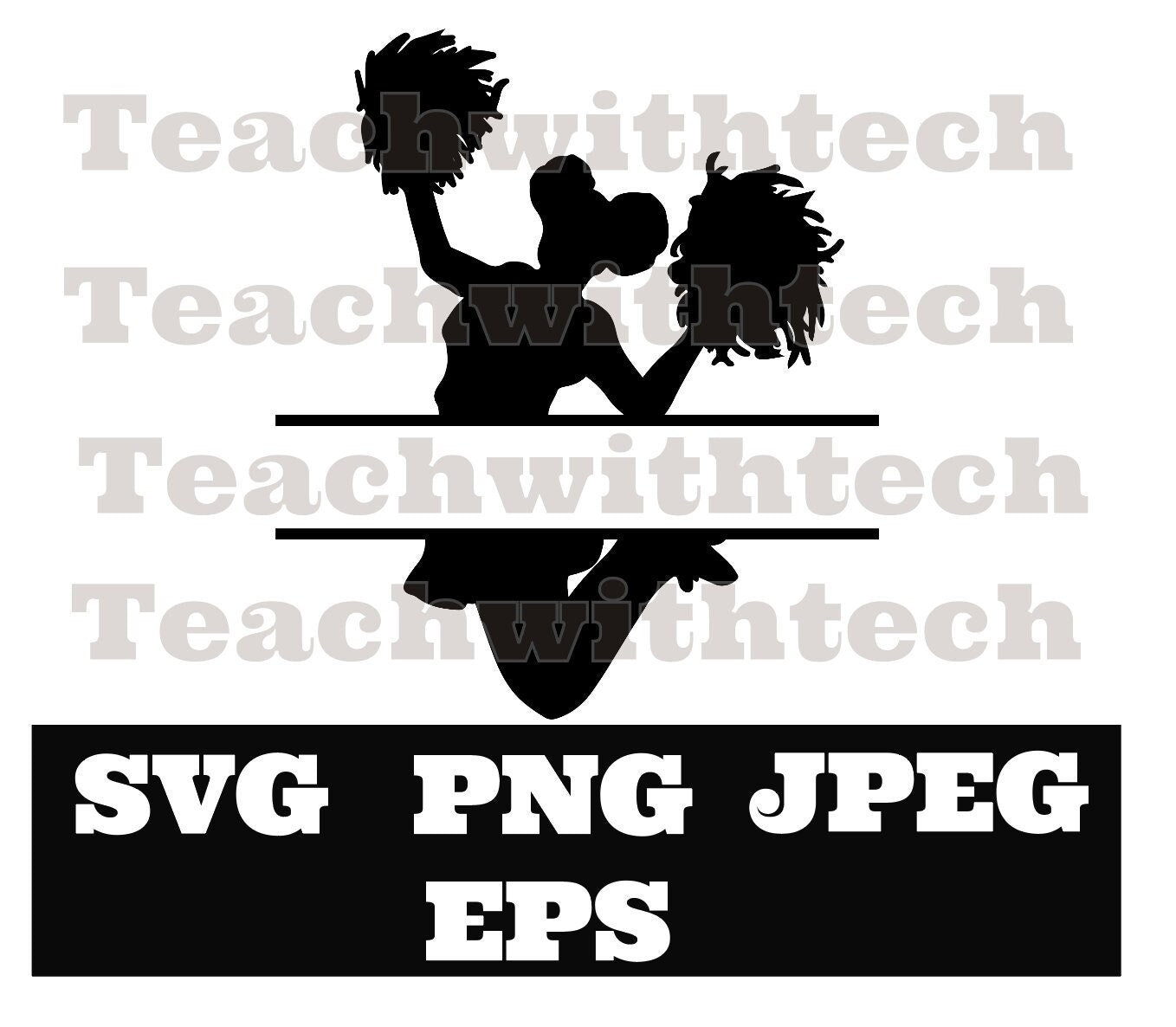 Cheerleader Silhouette Jumping in Air Poms Split Name Frame Download svg png SVG - Cricut - Cheerleader Cut Files - Silhouette Cut Files