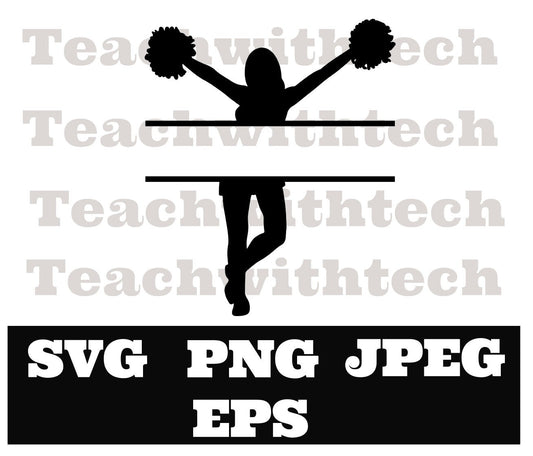 Cheerleader Silhouette Standing Poms Split Name Frame Download svg png SVG - Cricut - Cheerleader Cut Files - Silhouette Cut Files